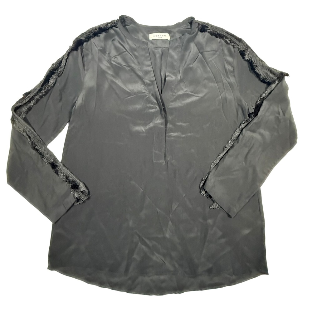 Sandro Paris Black Silk V Neck Long Sleeve‎ Fringe Blouse Top Size 2